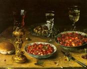 瓷碗中樱桃和草莓的静物 - 奥夏斯·贝尔